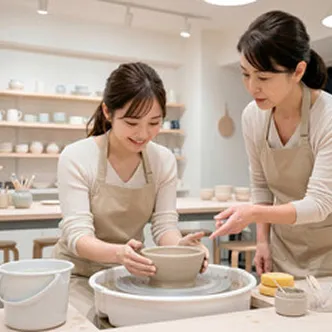 ろくろで器をつくる女性